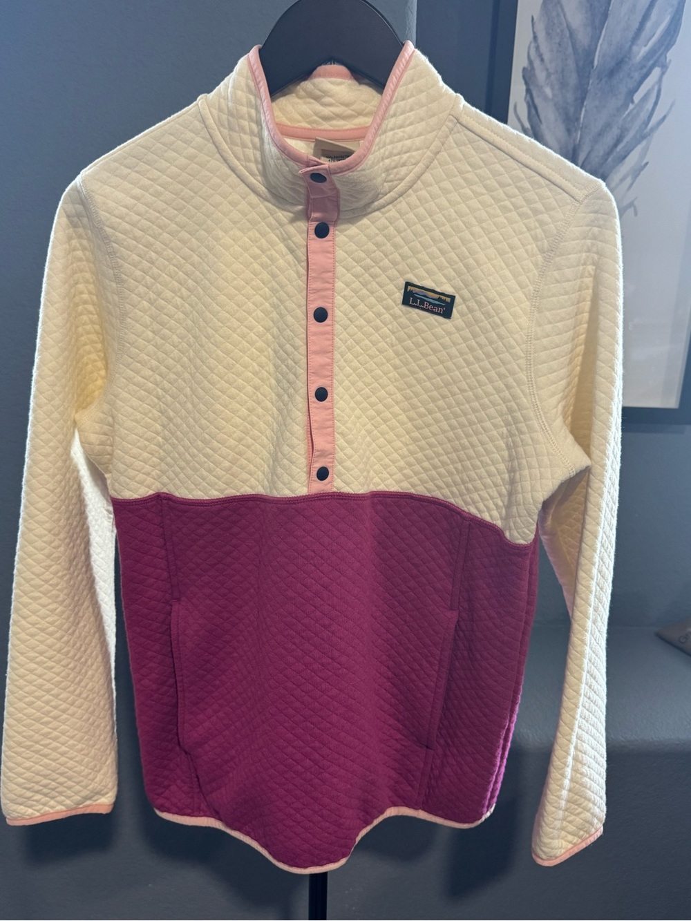L.L.Bean Quilted Pullover with Pink Trim on Cream